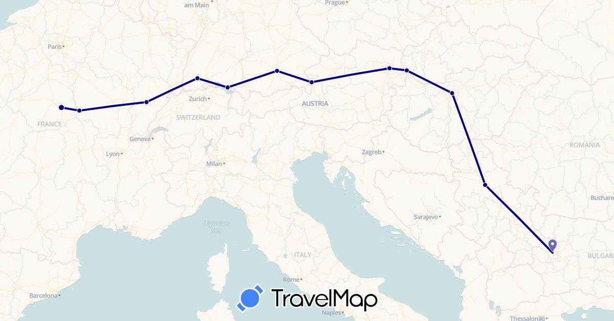 TravelMap itinerary: driving in Austria, Bulgaria, Germany, France, Hungary, Serbia, Slovakia (Europe)
